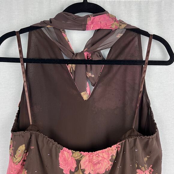 Vintage Express Top Y2K Halter Tank Tie Bow Silk Floral Rose Fairy Coquette - Picture 5 of 6